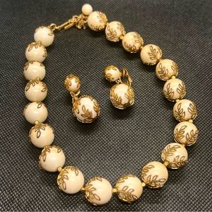 Vintage Crown Trifari Gold Tone Leaf Wrapped White Beads Necklace & Earrings Set